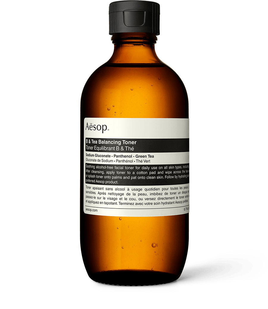 B & Tea Balancing Toner in amber bottle.