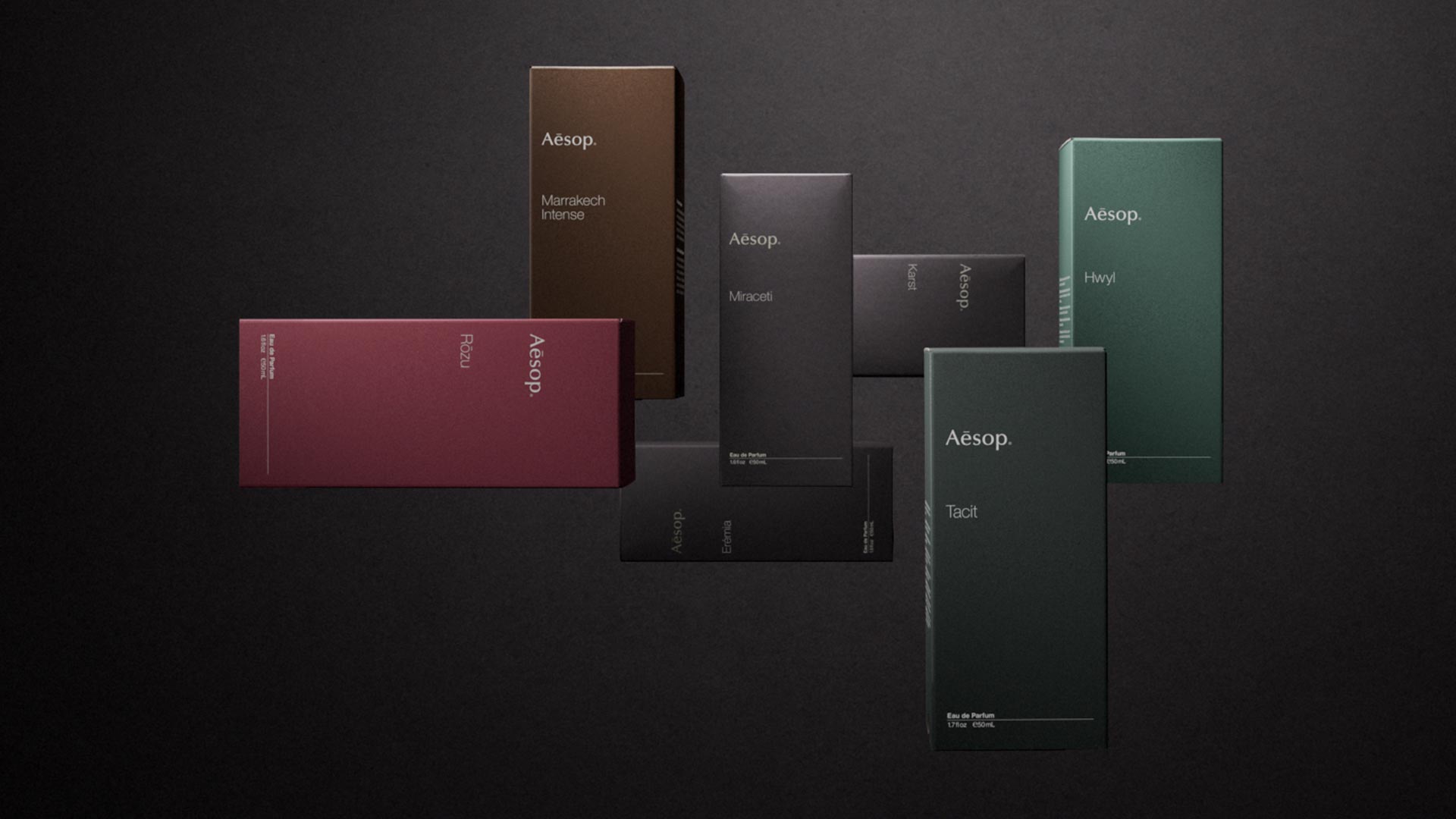 Horizontal thumbnail image displaying of Aesop fragrances.