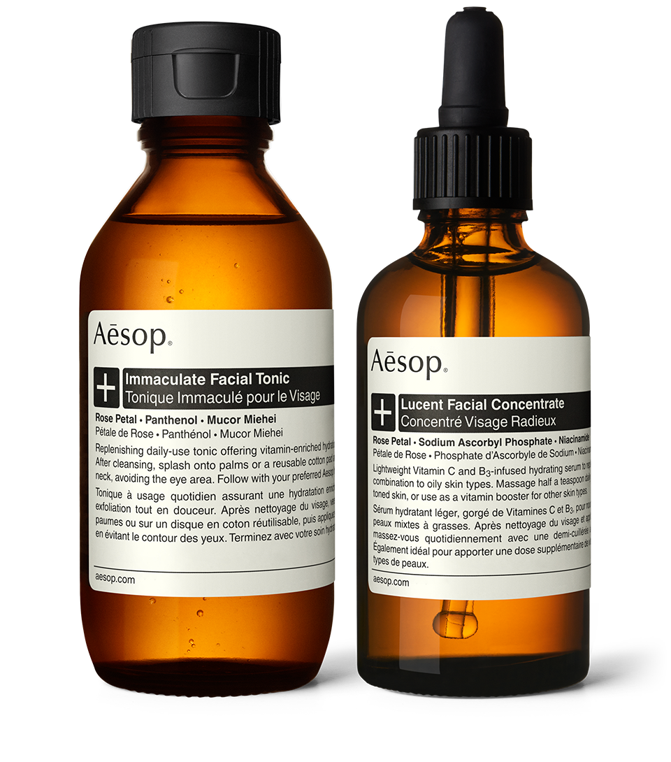 Immaculate facial tonic and Lucent facial concentrate bottles placed next to each other