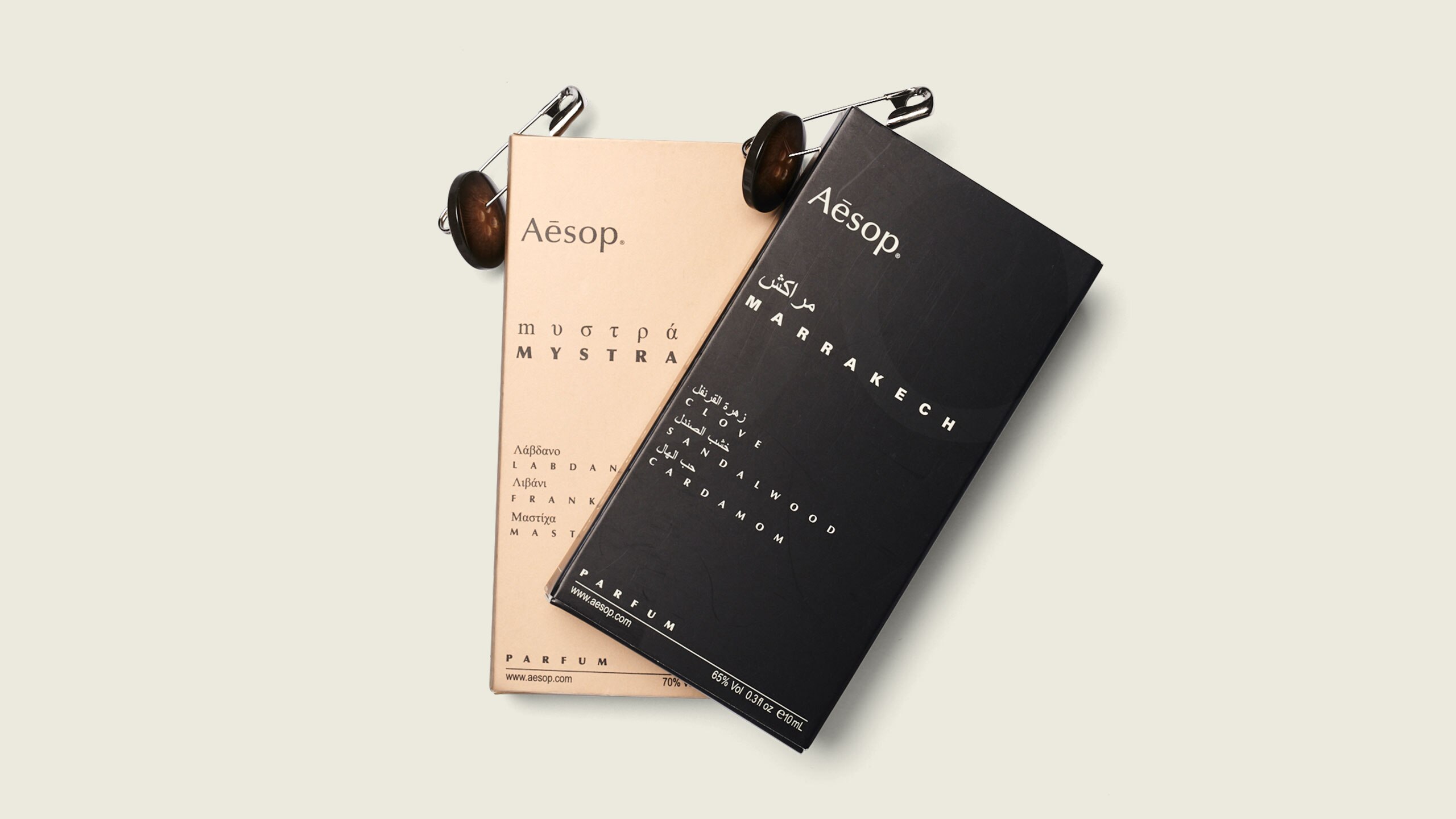 Two 10ml samples of Mystra and Marrakech in original packaging.