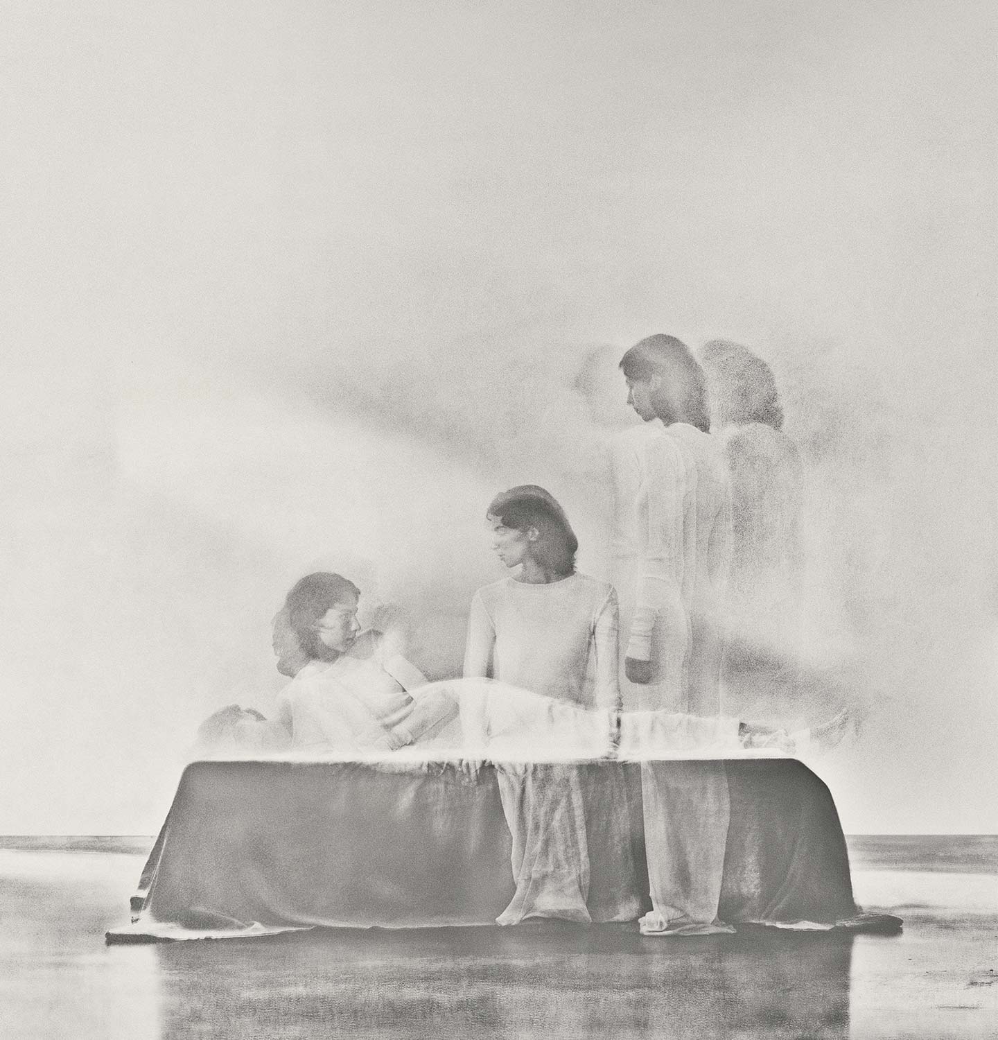 Abstract black and white photography of a figure in several different positions.