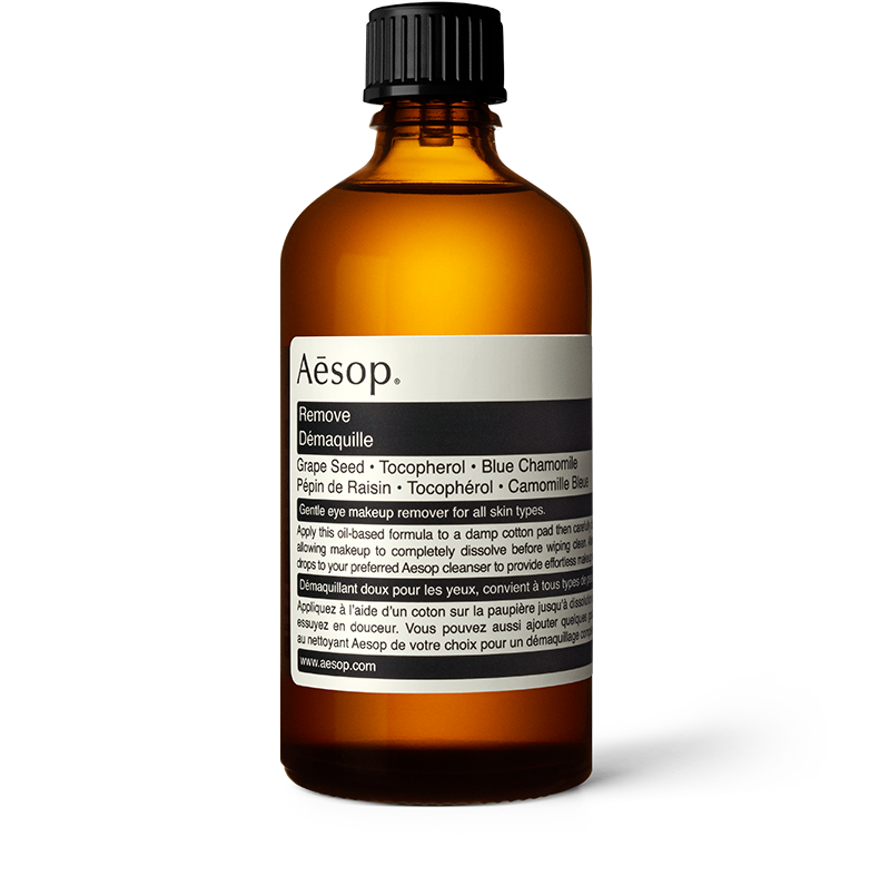 Aesop’s Remove, a gentle oil cleanser to remove eye makeup daily. Enhanced with Tocopherol and Blue Chamomile. 