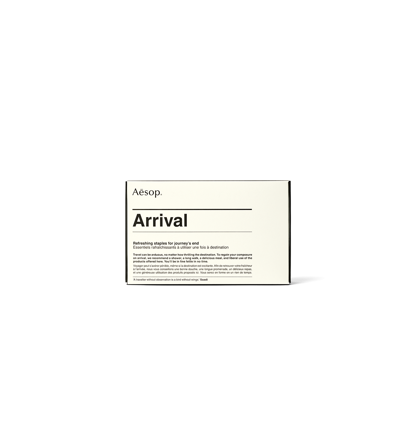 Beige label of the Aesop kit with black text written on the front.