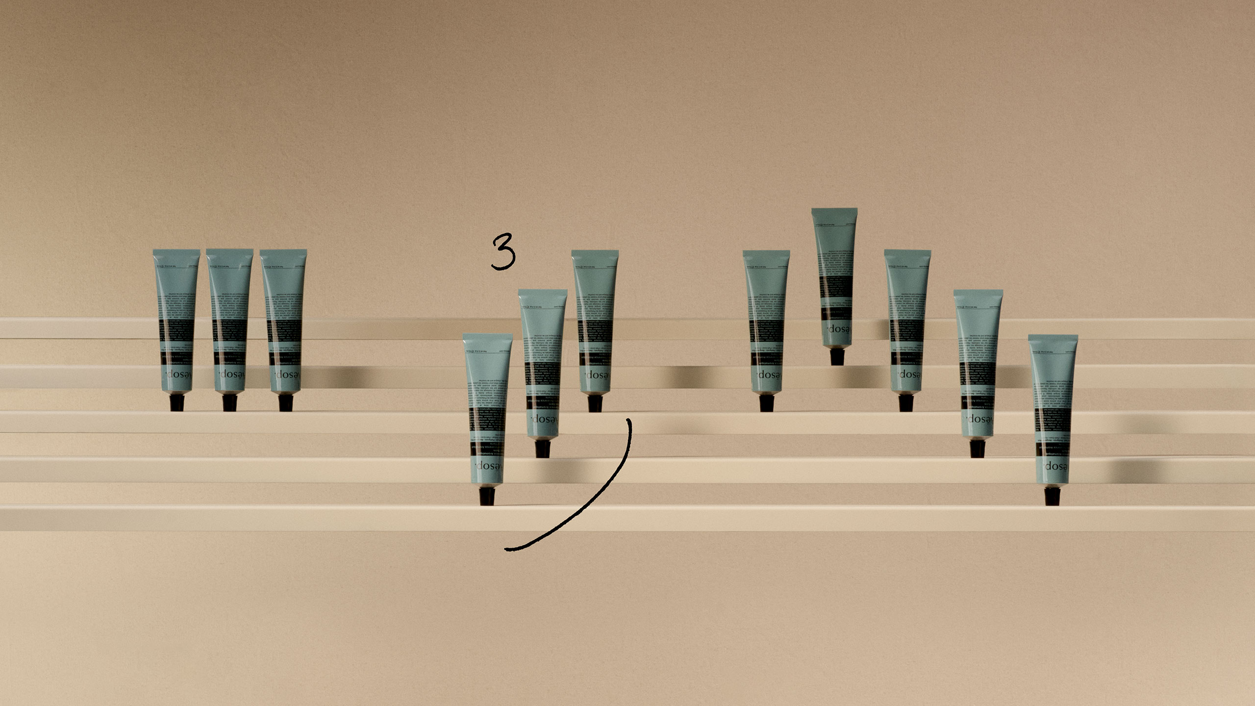 Aesop Reverence Aromatique Hand Balm and music notes placed on white stairs in beige background 